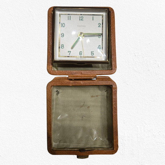 50s Vintage Hampden Travel Alarm Clock Wind-Up Mid-Century Leather Folding Case - Picture 4 of 6